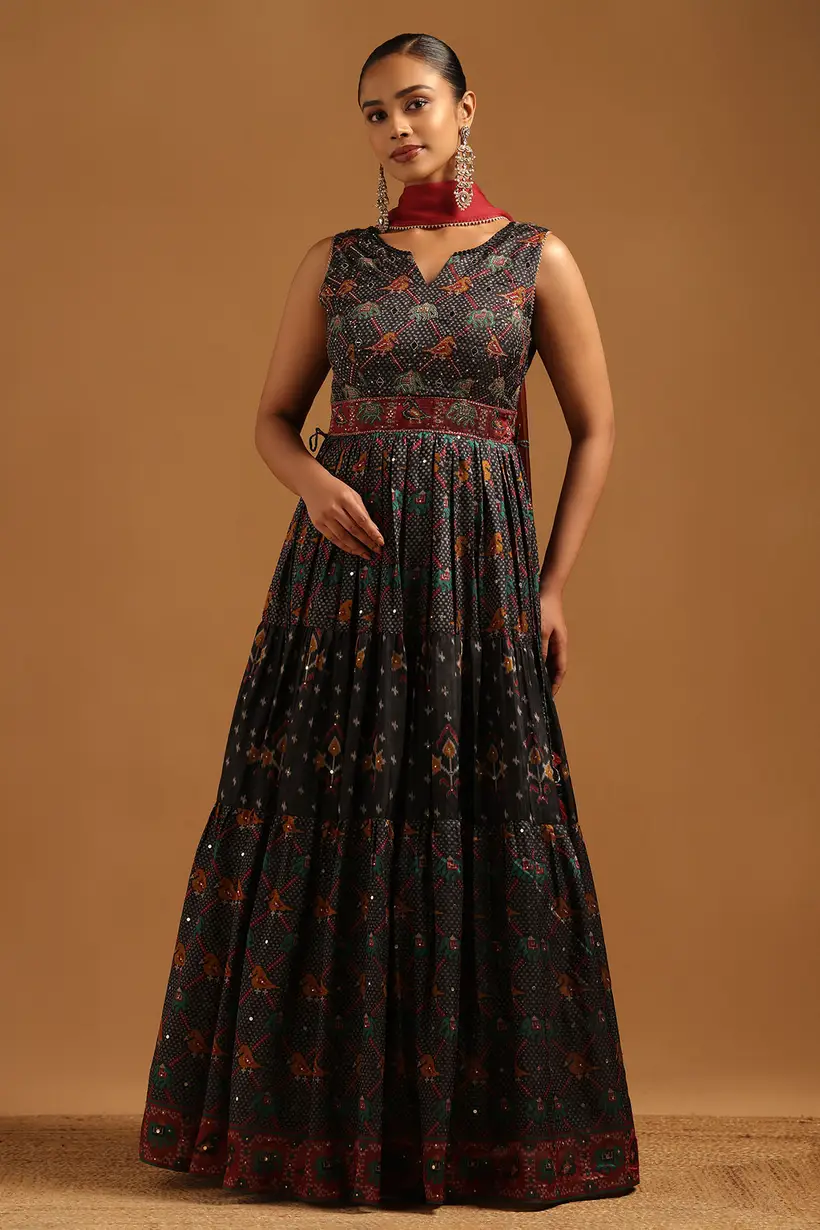 Black Dupion Silk Patola Gown With Zari Embroidery and Mirror Work